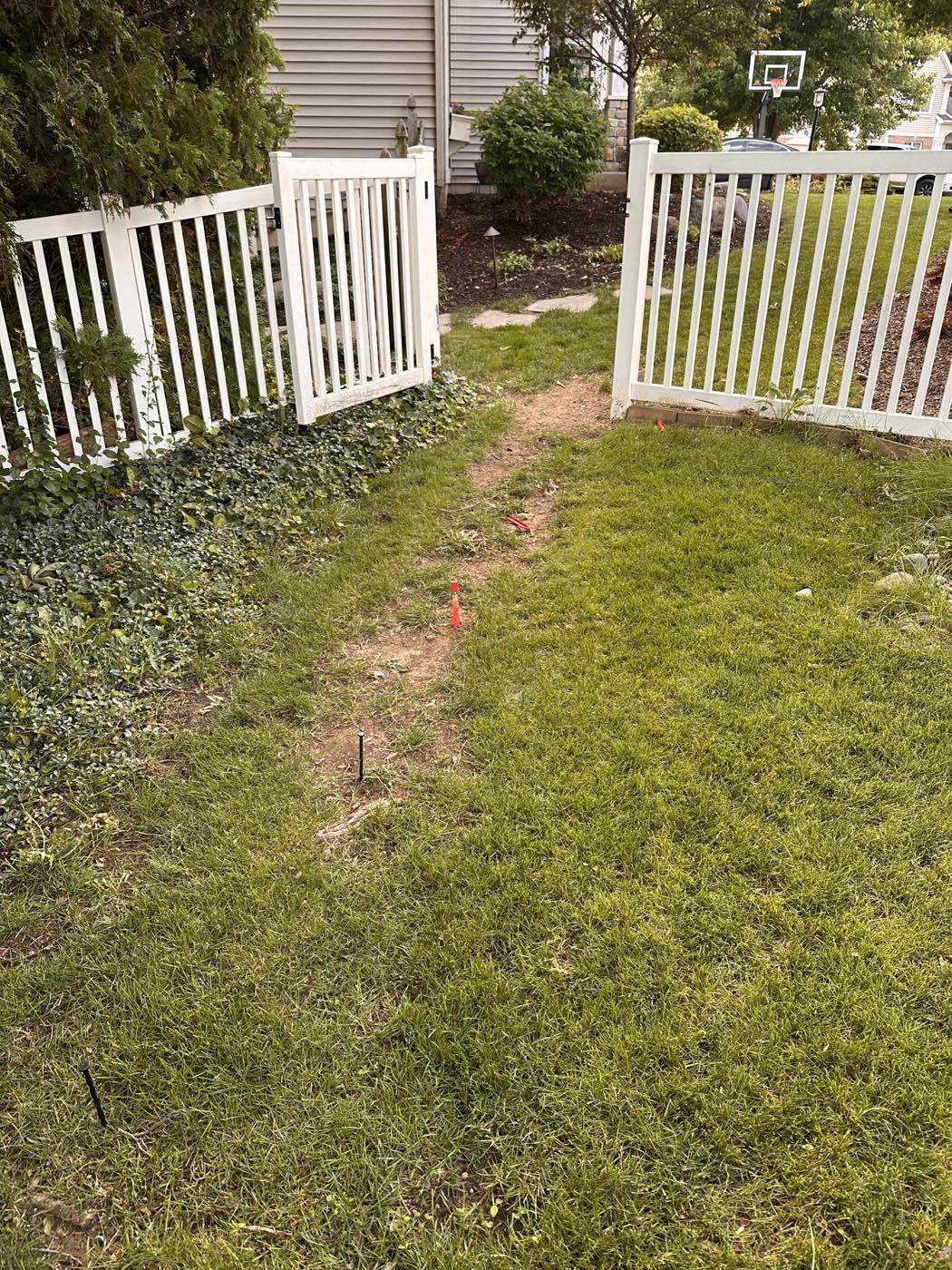 Worn dirt path across a side yard before stone work